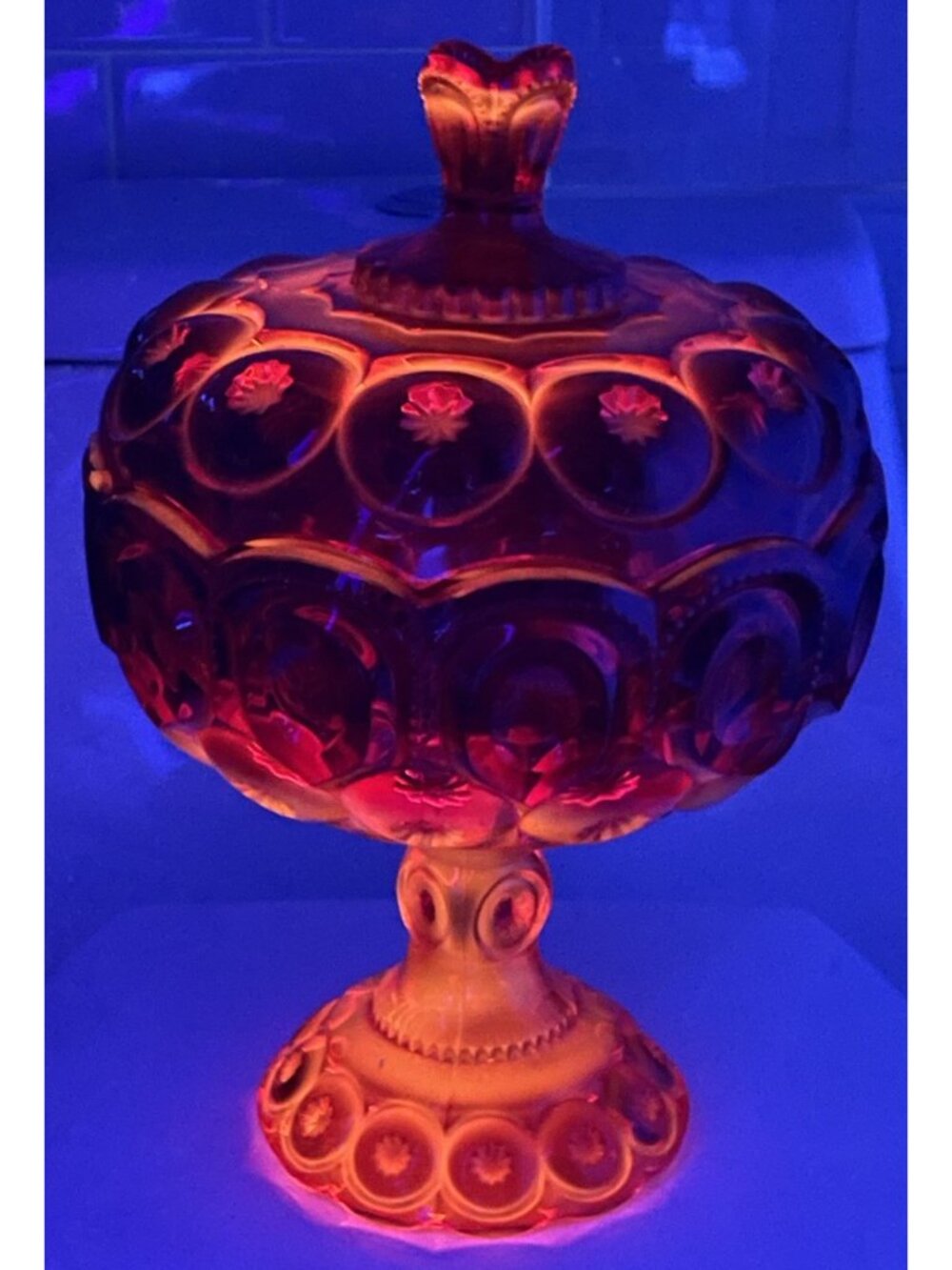 LARGE 12" LE Smith Moon Stars Covered Compote Amberina UV Reactive Glass